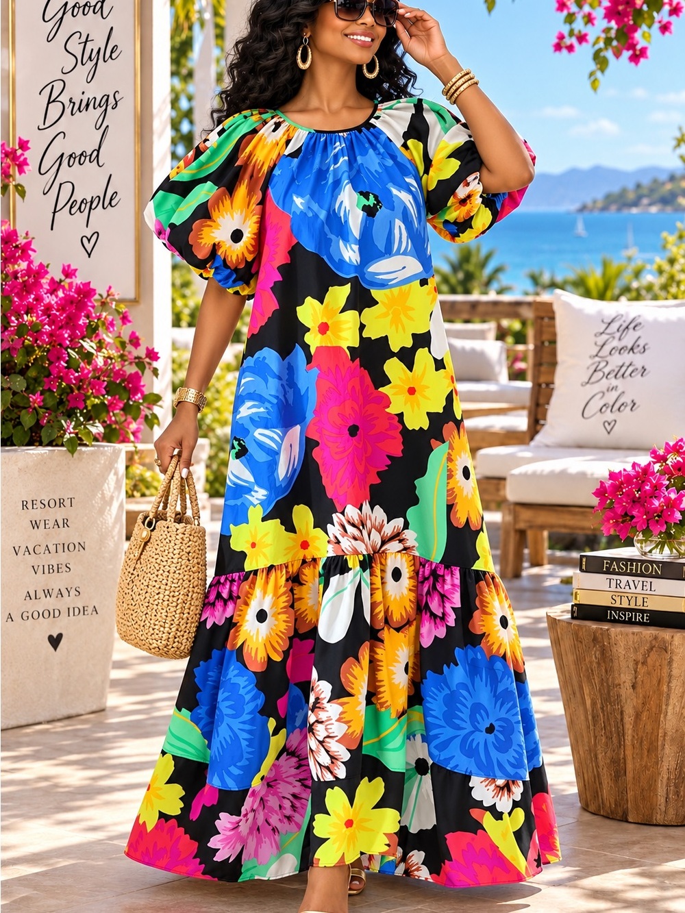 Vibrant Floral Puff-Sleeve Maxi Dress - Black Multi